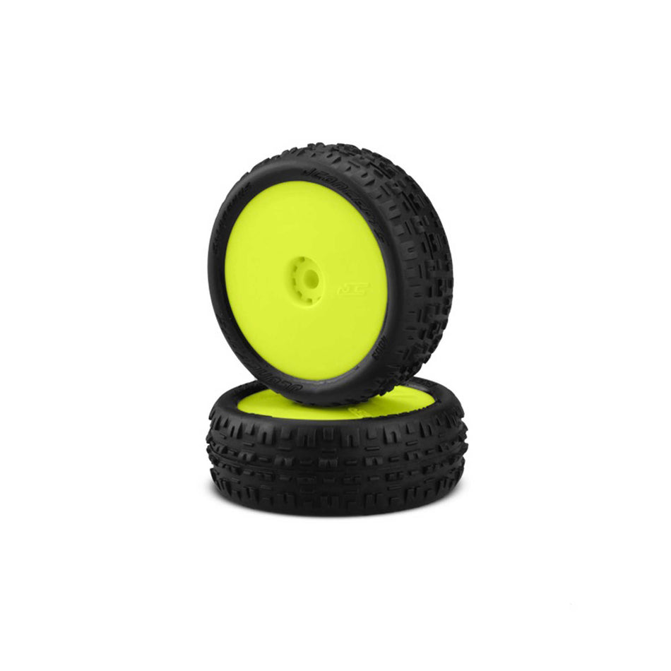 JConcepts Swagger Mini-B Front Tires Mounted on Yellow Rims, Pink Compound