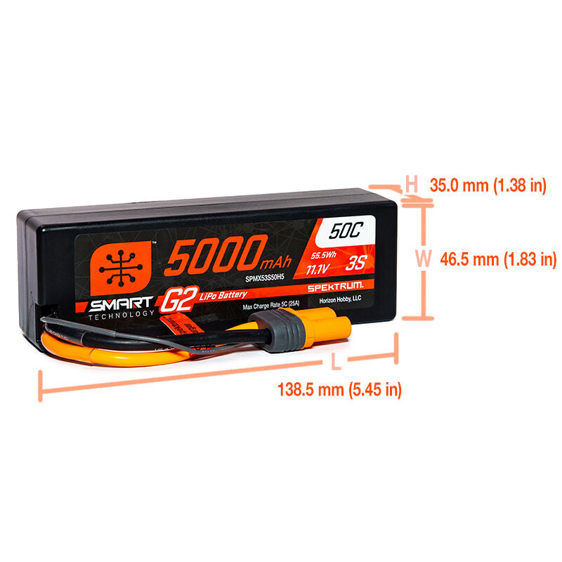 Spektrum 11.1V 5000mAh 3S 50C Smart G2 Hardcase LiPo Battery: IC5
