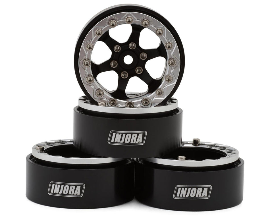 Injora 1.3" 6-Slot Aluminum Micro Crawler Beadlock Wheels (23g ea) (Black/Chrome) (4)