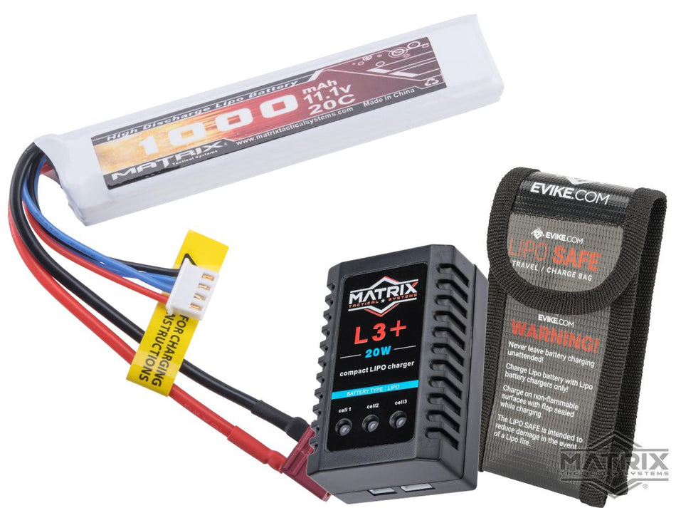 Matrix High Performance 11.1V Airsoft LiPo Battery Starter Pack w/ BMS Smart Charger (Model: Stick Type / 1000mAh - 20C / For Deans / T-Plug Connector)