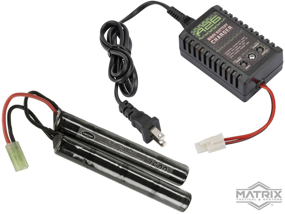 Matrix / Cybergun AEG Battery Starter Package w/ Smart Charger (Battery: 9.6v 1600mAh Small Butterfly Type Small Tamiya