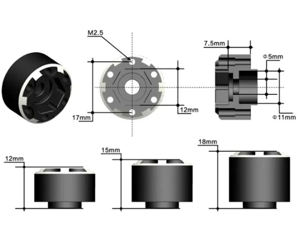 Treal Hobby 1.9" Beadlock Wheel Hub Extension Spacers (Black) (4) (15mm)